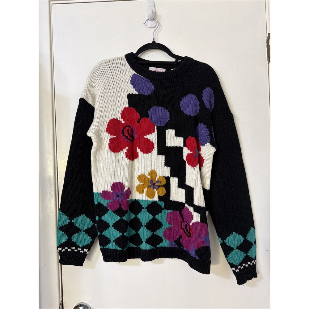 Vintage Sz Large 80s Knit Pullover Sweater Black Floral  Crewneck Grandpa Core
